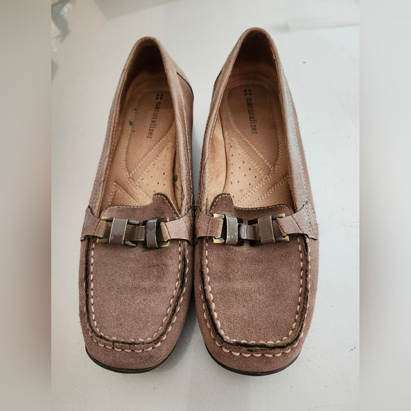 Naturalizer Shoes - Naturalizer Taupe Suede Moc Toe Loafers with Metal Bit